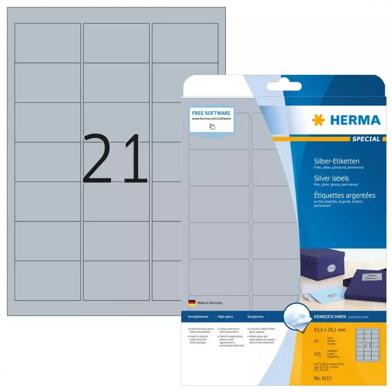 Samoprzylepna etykieta do drukarki HERMA Labels A4 63,5x38,1 mm srebrna folia błyszcząca