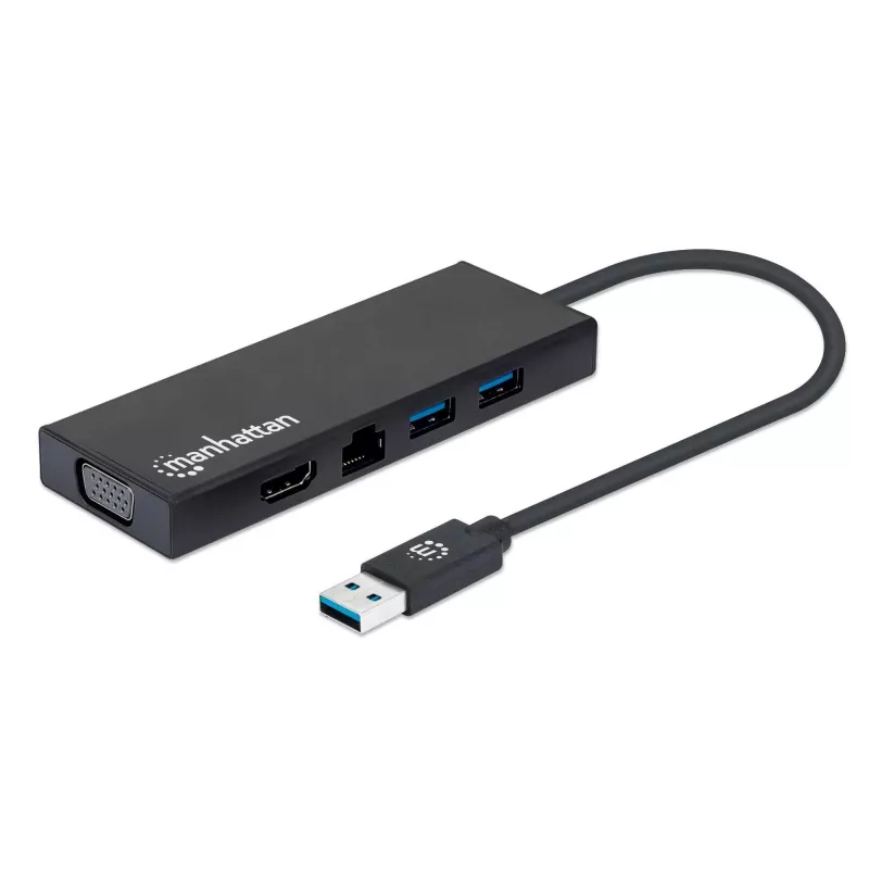 Manhattan USB-A Stacja dokująca/Hub, Porty (x5): Ethernet, HDMI, USB-A (x2) i VGA, Wejście zasilania Micro-USB (opcjonalnie, tylko gdy potrzebne dodatkowe zasilanie. Nie wymagane do funkcji podwójnego monitora. Kabel nie dołączony), Aluminium, Czarny, Trzyletnia gwarancja