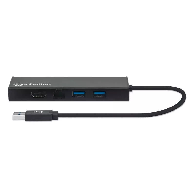 Manhattan USB-A Stacja dokująca/Hub, Porty (x5): Ethernet, HDMI, USB-A (x2) i VGA, Wejście zasilania Micro-USB (opcjonalnie, tylko gdy potrzebne dodatkowe zasilanie. Nie wymagane do funkcji podwójnego monitora. Kabel nie dołączony), Aluminium, Czarny, Trzyletnia gwarancja