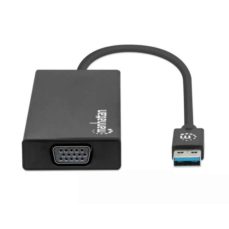 Manhattan USB-A Stacja dokująca/Hub, Porty (x5): Ethernet, HDMI, USB-A (x2) i VGA, Wejście zasilania Micro-USB (opcjonalnie, tylko gdy potrzebne dodatkowe zasilanie. Nie wymagane do funkcji podwójnego monitora. Kabel nie dołączony), Aluminium, Czarny, Trzyletnia gwarancja