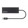 Manhattan USB-A Stacja dokująca/Hub, Porty (x5): Ethernet, HDMI, USB-A (x2) i VGA, Wejście zasilania Micro-USB (opcjonalnie, tylko gdy potrzebne dodatkowe zasilanie. Nie wymagane do funkcji podwójnego monitora. Kabel nie dołączony), Aluminium, Czarny, Trzyletnia gwarancja