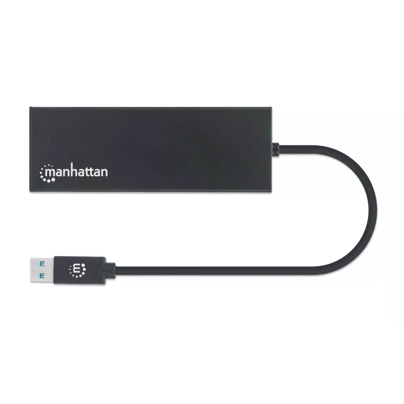 Manhattan USB-A Stacja dokująca/Hub, Porty (x5): Ethernet, HDMI, USB-A (x2) i VGA, Wejście zasilania Micro-USB (opcjonalnie, tylko gdy potrzebne dodatkowe zasilanie. Nie wymagane do funkcji podwójnego monitora. Kabel nie dołączony), Aluminium, Czarny, Trzyletnia gwarancja