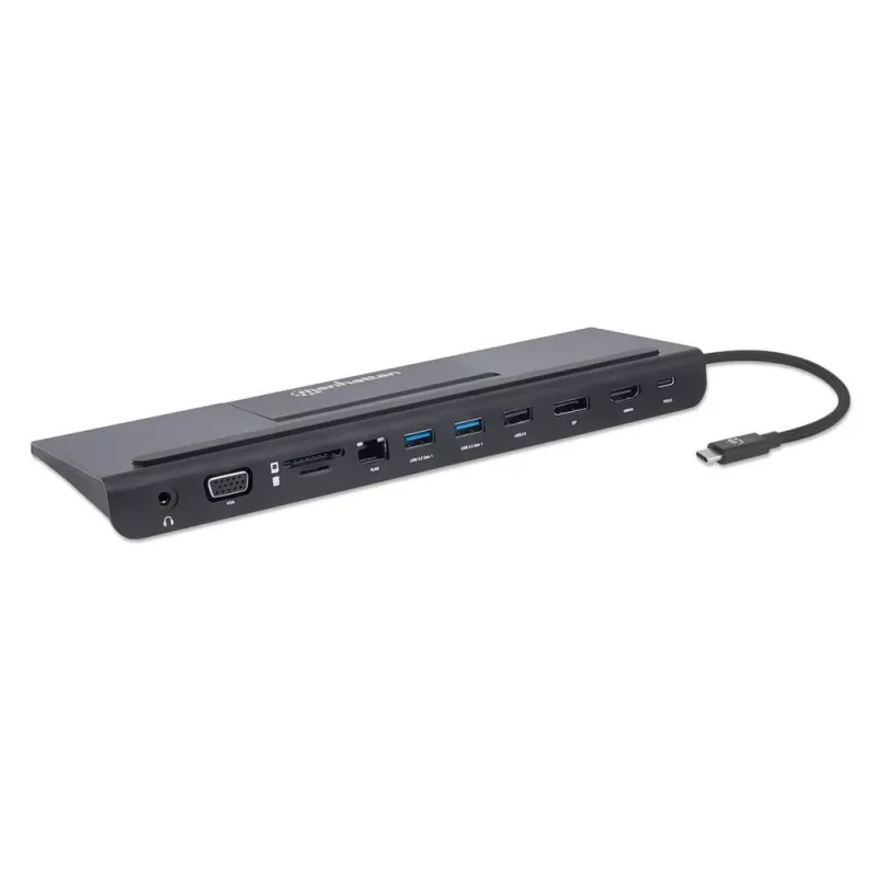 Manhattan Stacja dokująca USB-C/Hub z czytnikiem kart i MST, Porty (x9): Audio 3,5mm, DisplayPort, Ethernet, HDMI, USB-A (x3), USB-C i VGA, z zasilaniem (100W) do portu USB-C (Uwaga: wymaga ładowarki ściennej USB-C i kabla USB-C), Wszystkie porty mogą być używane jednocześnie