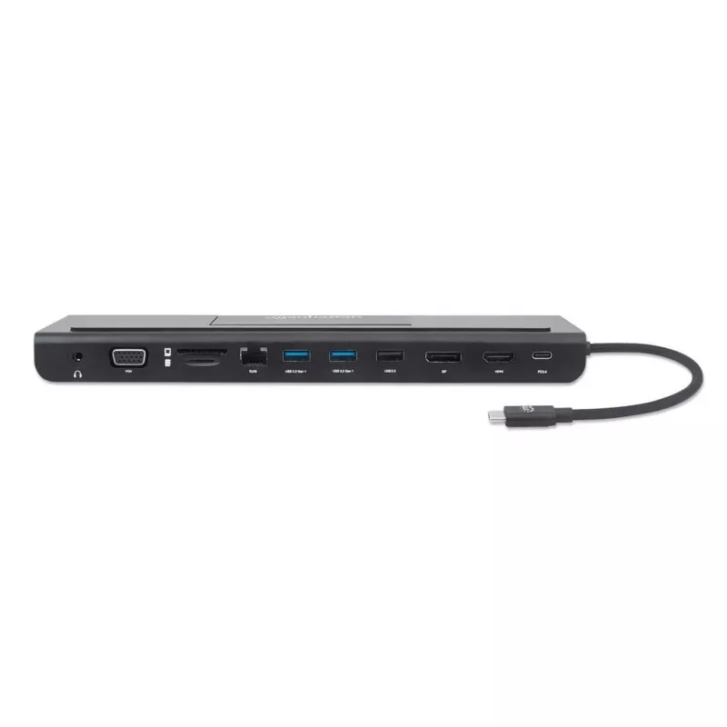 Manhattan Stacja dokująca USB-C/Hub z czytnikiem kart i MST, Porty (x9): Audio 3,5mm, DisplayPort, Ethernet, HDMI, USB-A (x3), USB-C i VGA, z zasilaniem (100W) do portu USB-C (Uwaga: wymaga ładowarki ściennej USB-C i kabla USB-C), Wszystkie porty mogą być używane jednocześnie