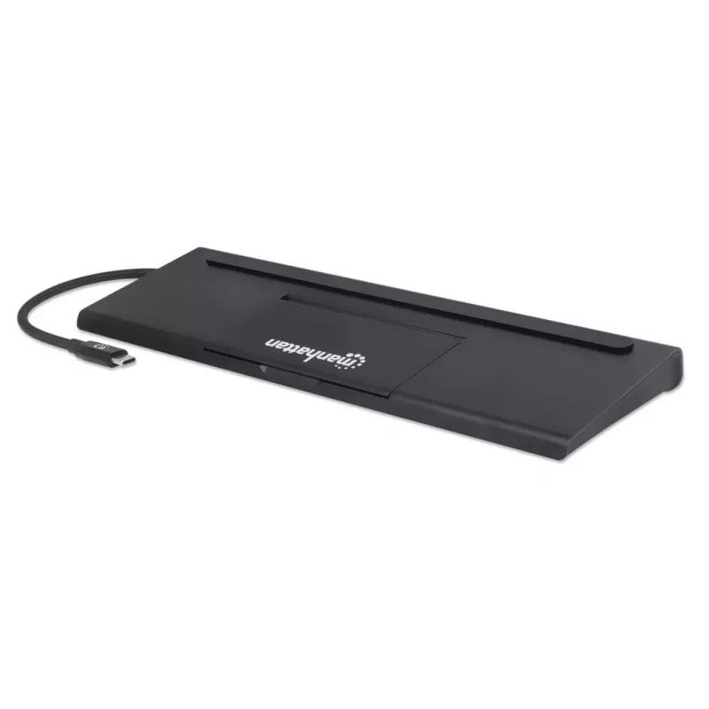 Manhattan Stacja dokująca USB-C/Hub z czytnikiem kart i MST, Porty (x9): Audio 3,5mm, DisplayPort, Ethernet, HDMI, USB-A (x3), USB-C i VGA, z zasilaniem (100W) do portu USB-C (Uwaga: wymaga ładowarki ściennej USB-C i kabla USB-C), Wszystkie porty mogą być używane jednocześnie