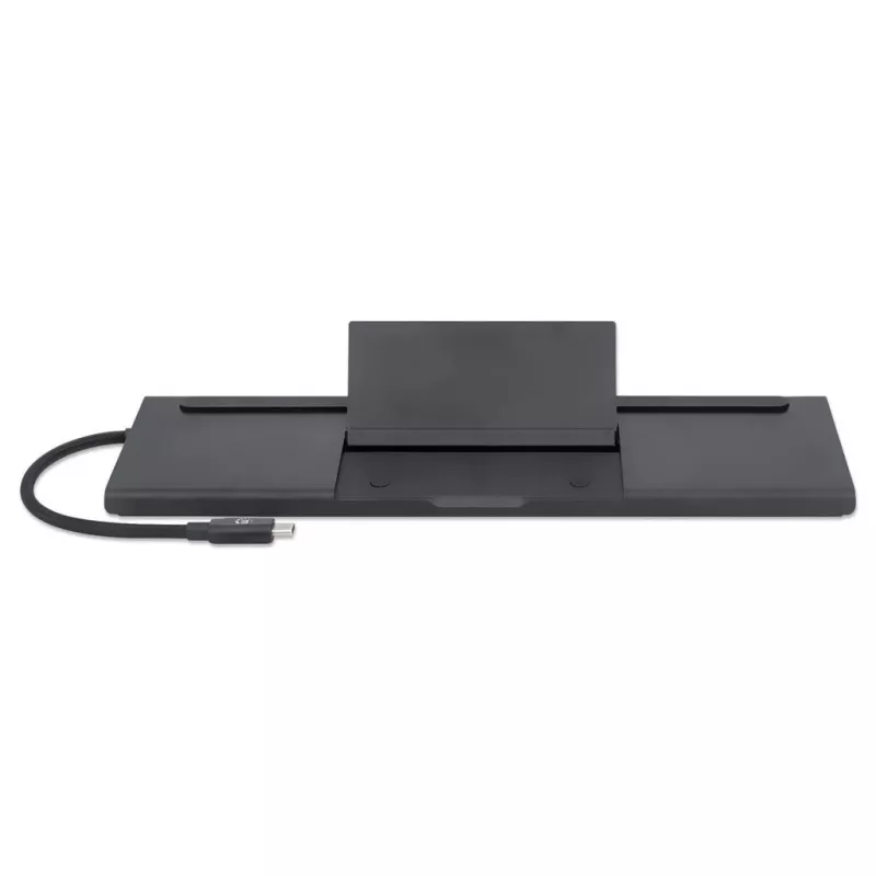 Manhattan Stacja dokująca USB-C/Hub z czytnikiem kart i MST, Porty (x9): Audio 3,5mm, DisplayPort, Ethernet, HDMI, USB-A (x3), USB-C i VGA, z zasilaniem (100W) do portu USB-C (Uwaga: wymaga ładowarki ściennej USB-C i kabla USB-C), Wszystkie porty mogą być używane jednocześnie