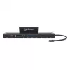Manhattan Stacja dokująca USB-C/Hub z czytnikiem kart i MST, Porty (x9): Audio 3,5mm, DisplayPort, Ethernet, HDMI, USB-A (x3), USB-C i VGA, z zasilaniem (100W) do portu USB-C (Uwaga: wymaga ładowarki ściennej USB-C i kabla USB-C), Wszystkie porty mogą być używane jednocześnie