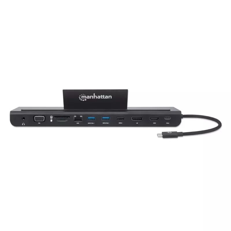 Manhattan Stacja dokująca USB-C/Hub z czytnikiem kart i MST, Porty (x9): Audio 3,5mm, DisplayPort, Ethernet, HDMI, USB-A (x3), USB-C i VGA, z zasilaniem (100W) do portu USB-C (Uwaga: wymaga ładowarki ściennej USB-C i kabla USB-C), Wszystkie porty mogą być używane jednocześnie