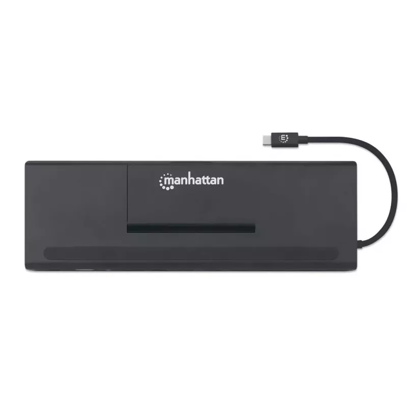 Manhattan Stacja dokująca USB-C/Hub z czytnikiem kart i MST, Porty (x9): Audio 3,5mm, DisplayPort, Ethernet, HDMI, USB-A (x3), USB-C i VGA, z zasilaniem (100W) do portu USB-C (Uwaga: wymaga ładowarki ściennej USB-C i kabla USB-C), Wszystkie porty mogą być używane jednocześnie
