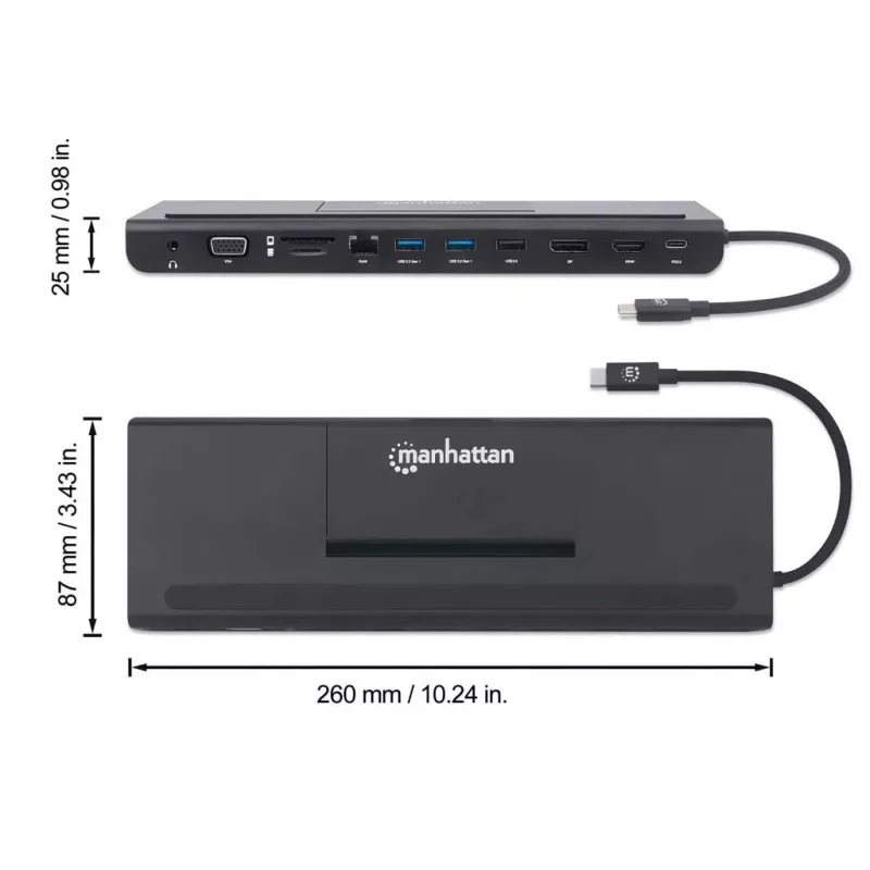 Manhattan Stacja dokująca USB-C/Hub z czytnikiem kart i MST, Porty (x9): Audio 3,5mm, DisplayPort, Ethernet, HDMI, USB-A (x3), USB-C i VGA, z zasilaniem (100W) do portu USB-C (Uwaga: wymaga ładowarki ściennej USB-C i kabla USB-C), Wszystkie porty mogą być używane jednocześnie