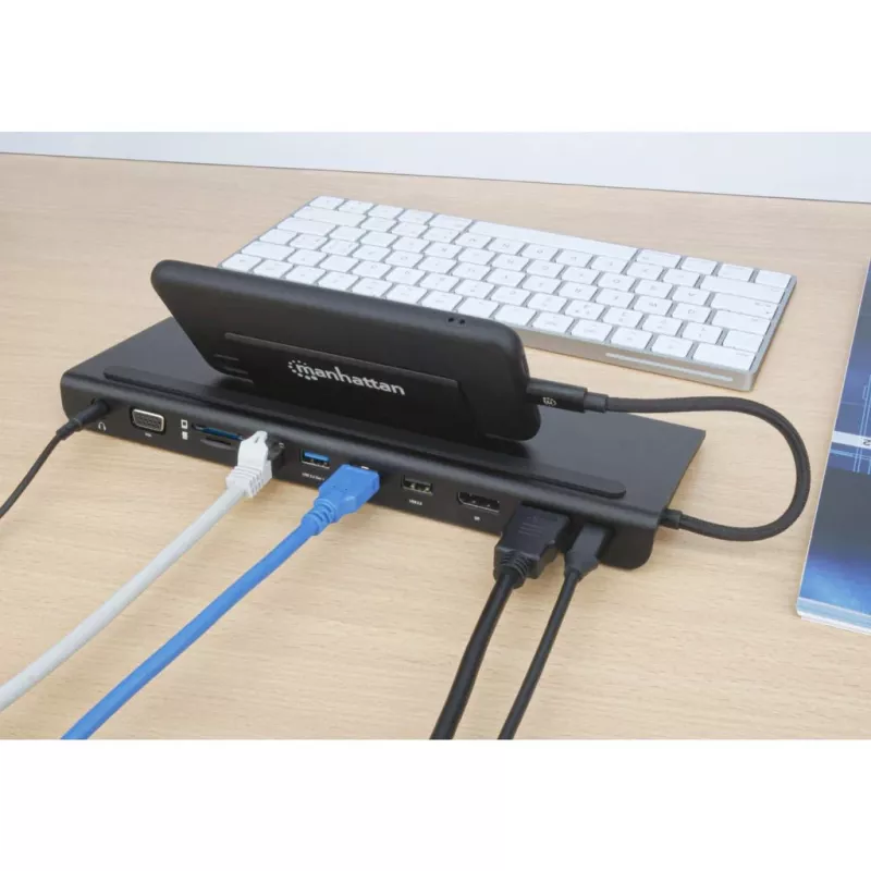 Manhattan Stacja dokująca USB-C/Hub z czytnikiem kart i MST, Porty (x9): Audio 3,5mm, DisplayPort, Ethernet, HDMI, USB-A (x3), USB-C i VGA, z zasilaniem (100W) do portu USB-C (Uwaga: wymaga ładowarki ściennej USB-C i kabla USB-C), Wszystkie porty mogą być używane jednocześnie
