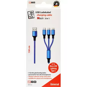 Kabel USB 2GO 797151 1.5m USB B USB C/Micro-USB B/Lightning Czarny Niebieski