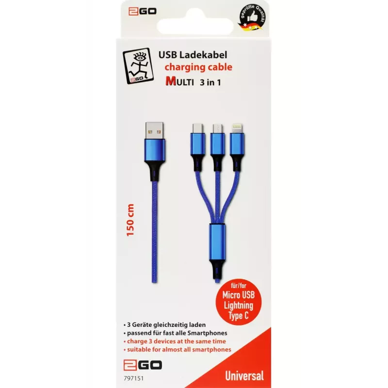 Kabel USB 2GO 797151 1.5m USB B USB C/Micro-USB B/Lightning Czarny Niebieski