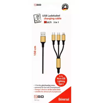 Kabel USB 2GO 797152 3m USB B USB C/Micro-USB B/Lightning czarny złoty