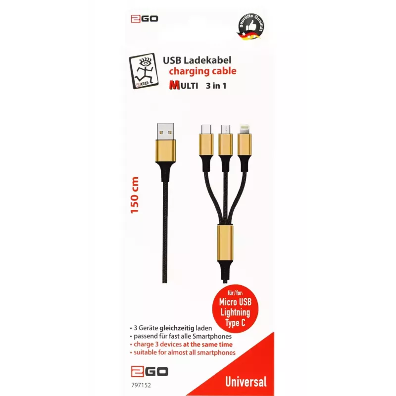 Kabel USB 2GO 797152 3m USB B USB C/Micro-USB B/Lightning czarny złoty