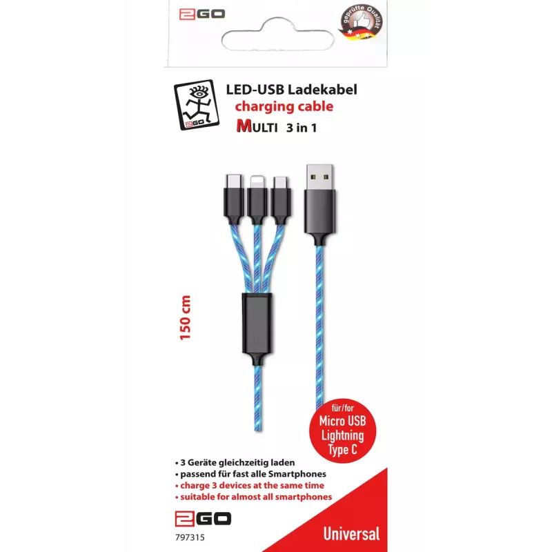 Kabel USB 2GO 797315 1,5 m USB B USB C/Micro-USB B/Lightning Czarny Niebieski