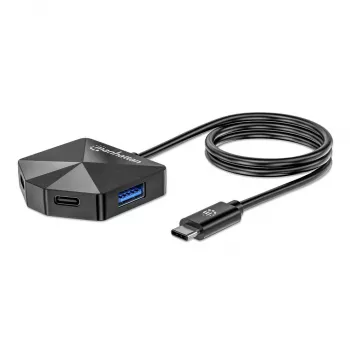 Manhattan USB-C i USB-A Combo Dock/Hub, Porty (4): USB-A (x2) i USB-C (x2), 5 Gb/s (USB 3.2 Gen1 znane jako USB 3.0), kątowa konstrukcja dla łatwego dostępu do portów, zasilany przez USB (nie wymaga zewnętrznego zasilacza)
