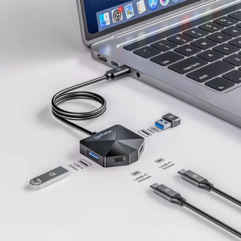 Manhattan USB-C i USB-A Combo Dock/Hub, Porty (4): USB-A (x2) i USB-C (x2), 5 Gb/s (USB 3.2 Gen1 znane jako USB 3.0), kątowa konstrukcja dla łatwego dostępu do portów, zasilany przez USB (nie wymaga zewnętrznego zasilacza)