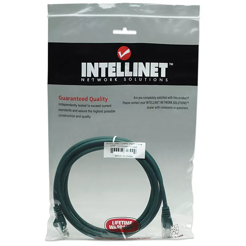 Intellinet kabel krosowy sieciowy, Cat5e, 7,5 m, zielony, CCA, U/UTP, PVC, RJ45, pozłacane styki, bezzaczepowa osłona, z osłoną, dożywotnia gwarancja