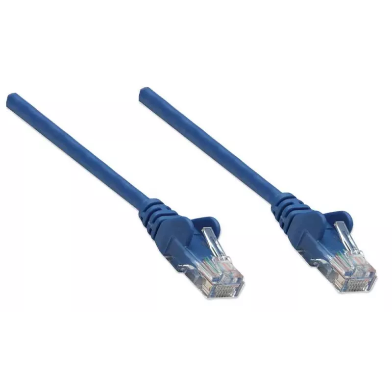 Kabel krosowy sieciowy Intellinet, Cat5e, 7,5m, niebieski, CCA, U/UTP, PVC, RJ45, złocone styki, bezzaczepowa osłona, zabezpieczony wtyk, dożywotnia gwarancja