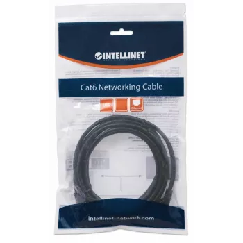 Intellinet Kabel krosowy sieciowy, Cat6, 2m, czarny, CCA, U/UTP, PVC, RJ45, pozłacane styki, snagless, wytłoczka, dożywotnia gwarancja