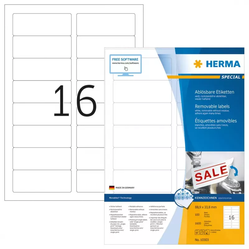 Etykiety wielokrotnego użytku HERMA 10303 A4 88.9x33.8 mm białe