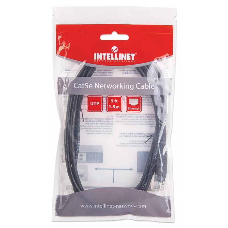 Intellinet kabel krosowy sieciowy, Cat5e, 1,5 m, czarny, CCA, U/UTP, PVC, RJ45, pozłacane styki, zabezpieczenie przed zaczepianiem, osłona, dożywotnia gwarancja