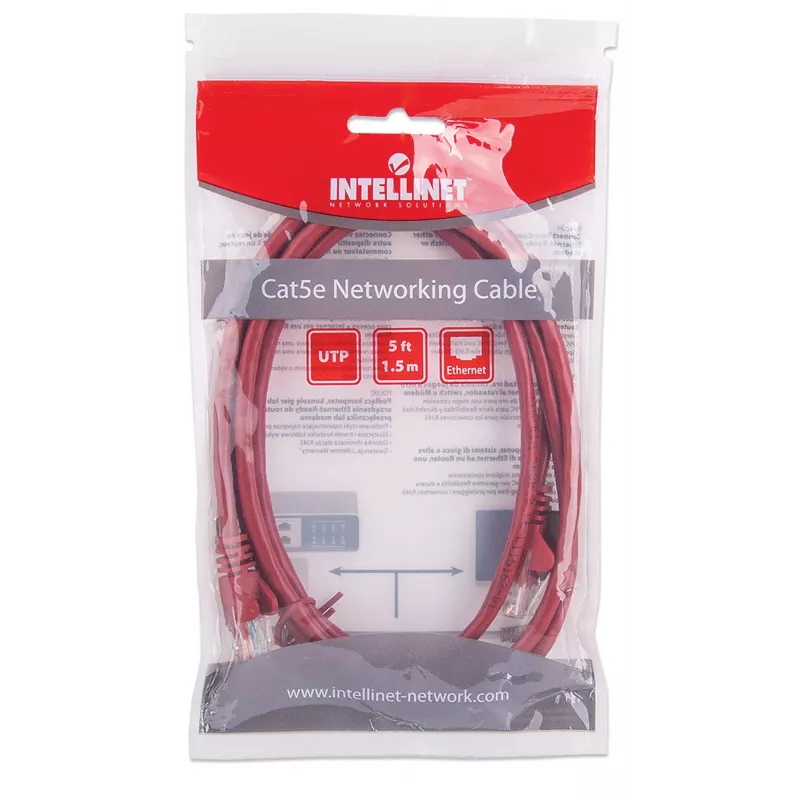 Intellinet kabel krosowy sieciowy, Cat5e, 1,5 m, czerwony, CCA, U/UTP, PVC, RJ45, pozłacane styki, bezzaczepowa osłona, z osłoną, dożywotnia gwarancja