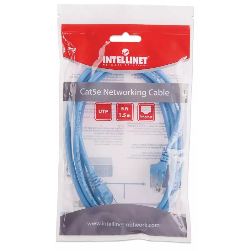 Intellinet kabel krosowy sieciowy, Cat5e, 1,5 m, niebieski, CCA, U/UTP, PVC, RJ45, pozłacane styki, bezzaczepowa osłona, z odciążką, dożywotnia gwarancja