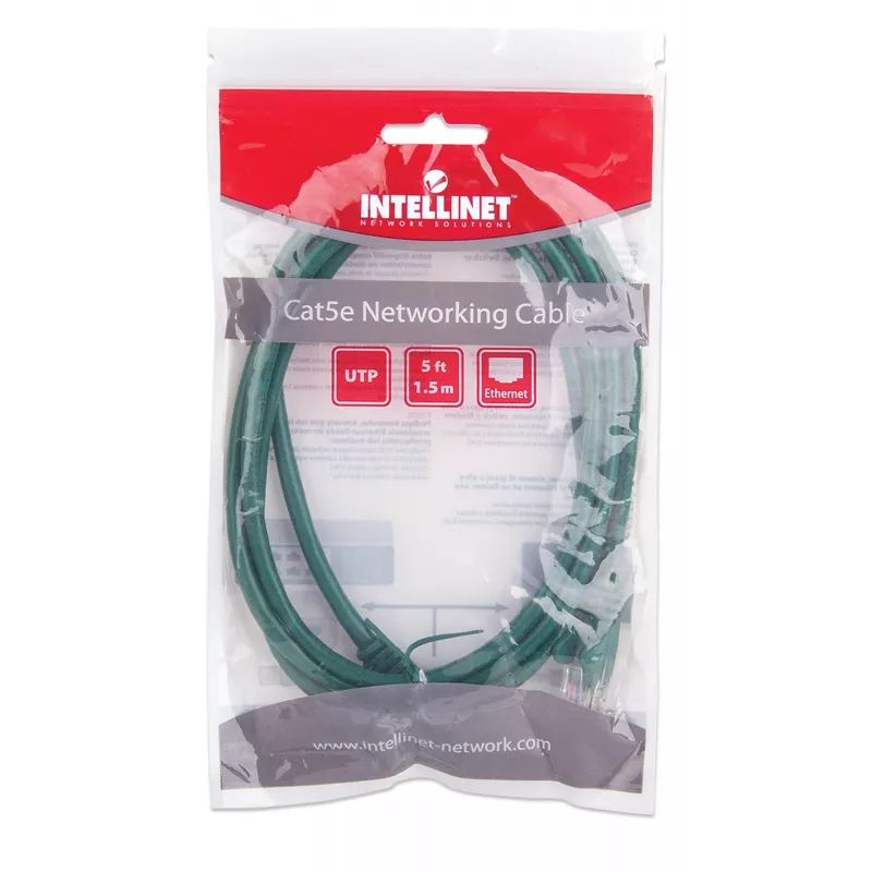 Intellinet kabel krosowy sieciowy, Cat5e, 1,5 m, zielony, CCA, U/UTP, PVC, RJ45, pozłacane styki, bezzaczepowa osłona, odciążka, dożywotnia gwarancja