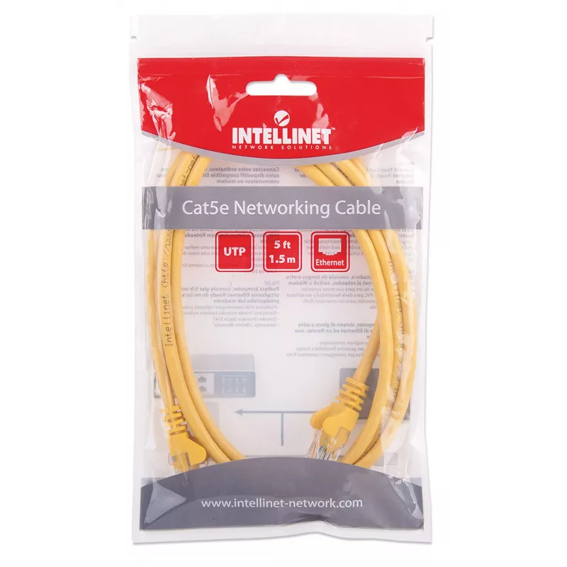 Kabel krosowy sieciowy Intellinet, Kat. 5e, 1,5 m, żółty, CCA, U/UTP, PVC, RJ45, pozłacane styki, bezzaczepowa osłona wtyku, objęty dożywotnią gwarancją