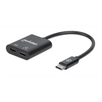 Manhattan Adapter audio USB-C na USB-C i USB-C (z Power Delivery), czarny, 480 Mb/s (USB 2.0), kabel 11 cm, z Power Delivery do portu USB-C (60 W), trzyletnia gwarancja