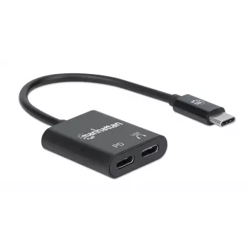 Manhattan Adapter audio USB-C na USB-C i USB-C (z Power Delivery), czarny, 480 Mb/s (USB 2.0), kabel 11 cm, z Power Delivery do portu USB-C (60 W), trzyletnia gwarancja