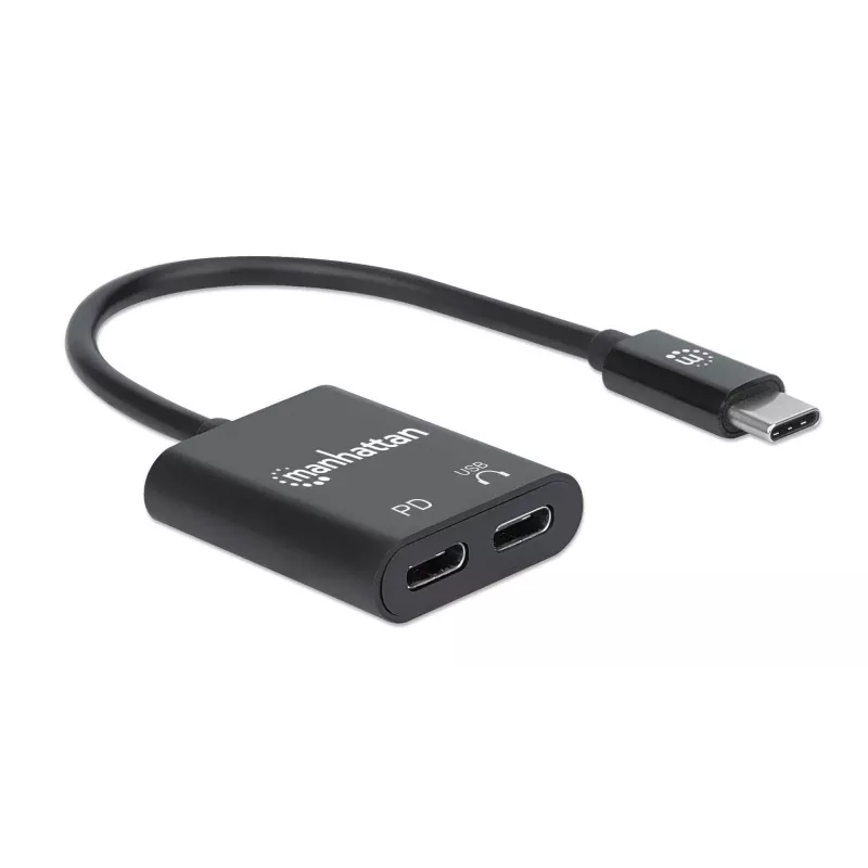 Manhattan Adapter audio USB-C na USB-C i USB-C (z Power Delivery), czarny, 480 Mb/s (USB 2.0), kabel 11 cm, z Power Delivery do portu USB-C (60 W), trzyletnia gwarancja