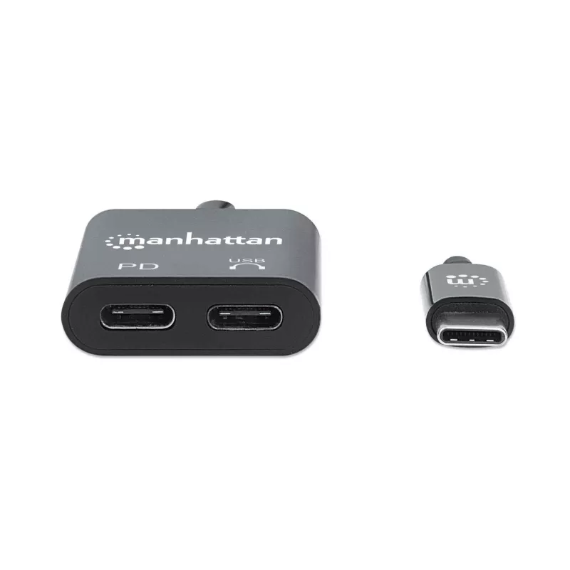 Manhattan Adapter audio USB-C na USB-C i USB-C (z Power Delivery), czarny, 480 Mb/s (USB 2.0), kabel 11 cm, z Power Delivery do portu USB-C (60 W), trzyletnia gwarancja