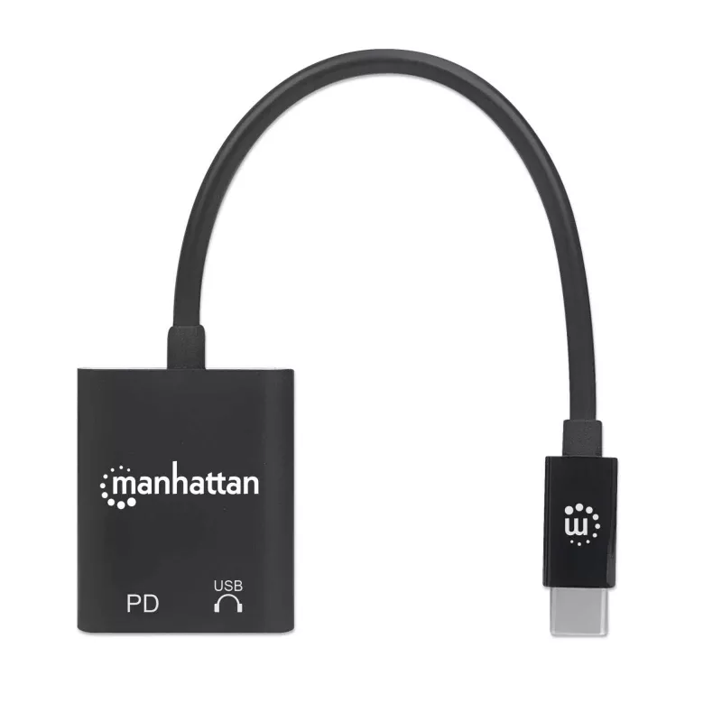 Manhattan Adapter audio USB-C na USB-C i USB-C (z Power Delivery), czarny, 480 Mb/s (USB 2.0), kabel 11 cm, z Power Delivery do portu USB-C (60 W), trzyletnia gwarancja