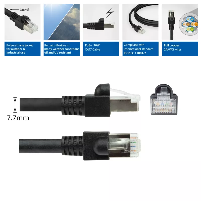 ACT czarny 0,5 m elastyczny patchcord przemysłowy S/FTP CAT7 PUR z łączami RJ45, bez zaczepów (zgodny z CAT6A)