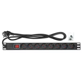 Intellinet 19-calowa 1U listwa zasilająca Rackmount z 8 wyjściami (PDU), gniazda EU CEE 7/3, wbudowany przewód zasilający 2 m z wtyczką EU CEE 7/7, 16 A, przełącznik wł./wył., montaż poziomy, aluminium, czarny