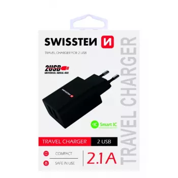 Ładowarka sieciowa SWISSTEN Travel Charger SW-21A105W-BK, 2×USB, 2,1 A na port (łączna moc 10,5 W)