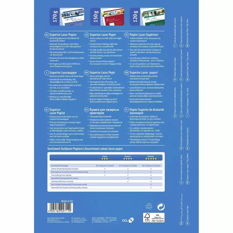 Papier fotograficzny A4 Avery Premium Colour Laser 170 g/m² Błyszczący Biały 1298