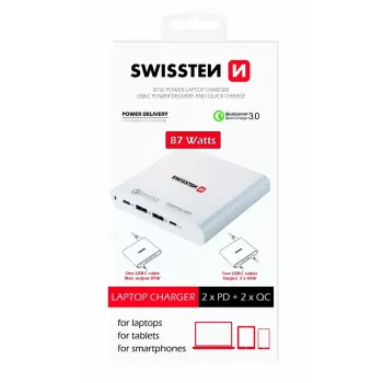 Ładowarka podróżna SWISSTEN SW-TCH-87W-PD30-QC30-W — 87W, PD 3.0, QC 3.0, do smartfonów i laptopów