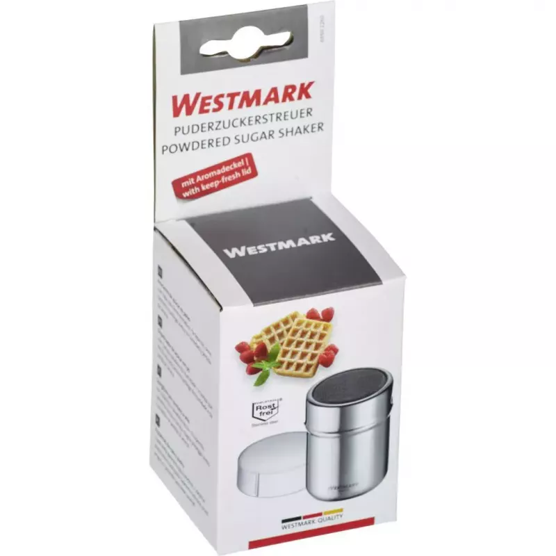 Dozownik do cukru Westmark 69502260 — okrągła obudowa ze stali nierdzewnej z elementami polipropylenowymi, 62×62×82 mm