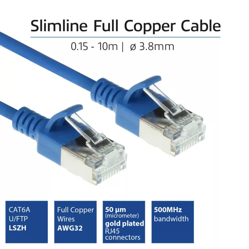 ACT niebieski 10 m LSZH U/FTP CAT6A cienki kabel krosowy do centrów danych z wtykami RJ45 bez zaczepów