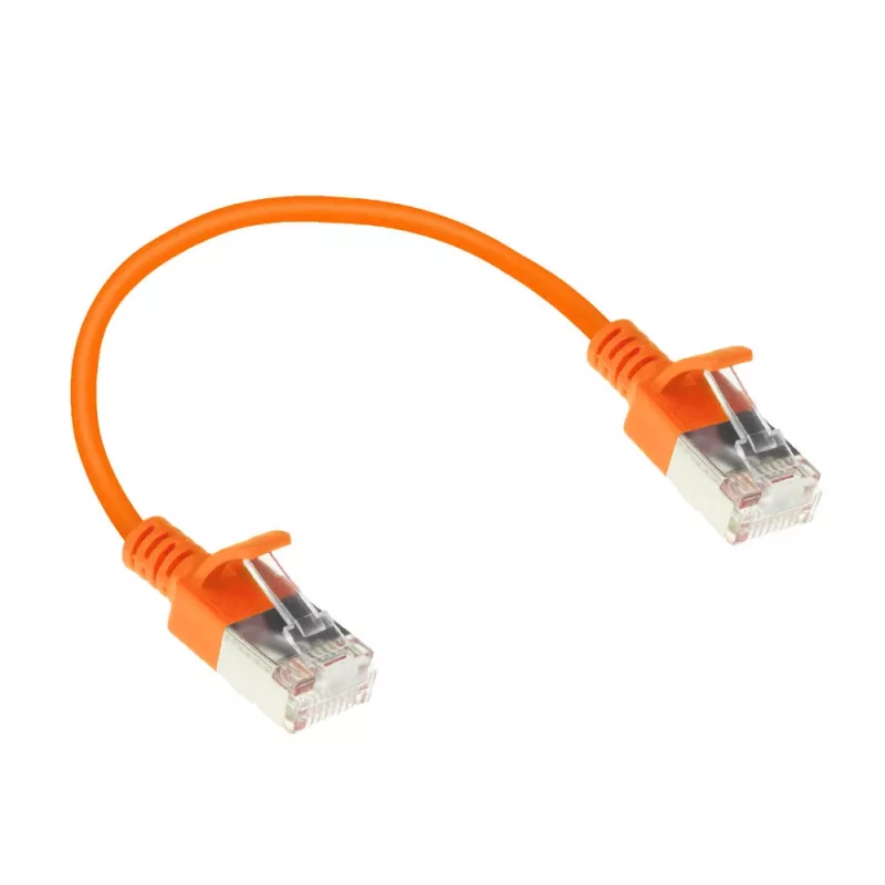 Pomarańczowy kabel krosowy ACT 0,5 m LSZH U/FTP CAT6A do centrów danych, slimline, bez zaczepów, ze złączami RJ45