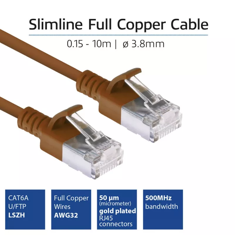 Brązowy kabel krosowy ACT 0,25 m LSZH U/FTP CAT6A do centrów danych, slimline, z bezzaczepowymi wtykami RJ45