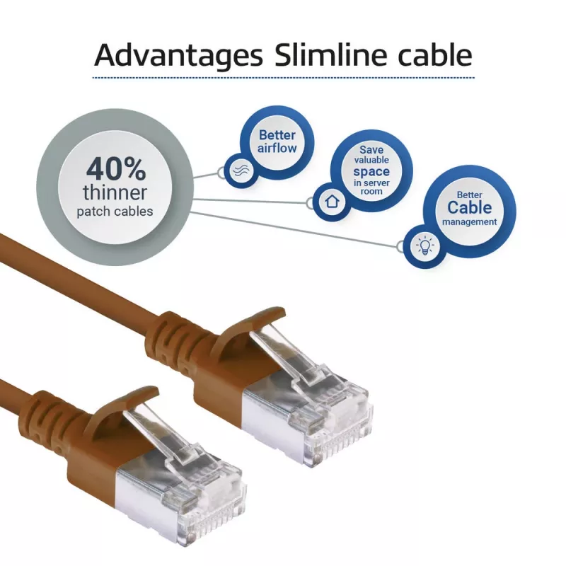 Brązowy kabel krosowy ACT 0,25 m LSZH U/FTP CAT6A do centrów danych, slimline, z bezzaczepowymi wtykami RJ45
