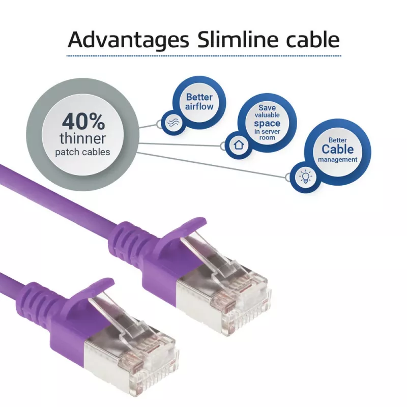 ACT Fioletowy kabel krosowy 1,5 metra LSZH U/FTP CAT6A do centrów danych slimline bezzatrzaskowy ze złączami RJ45
