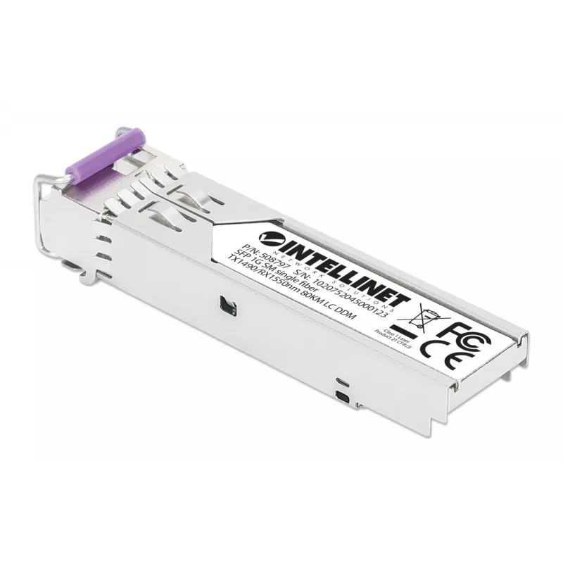Intellinet Gigabit Fiber WDM Bi-Directional SFP Optical transceiver Module 1000Base-BX-U (LC) Single-Mode Port, 80 km (50 mi.), BiDi WDM (RX1550/TX1490), MSA-compliant for Maximum Compatibility, srebrny
