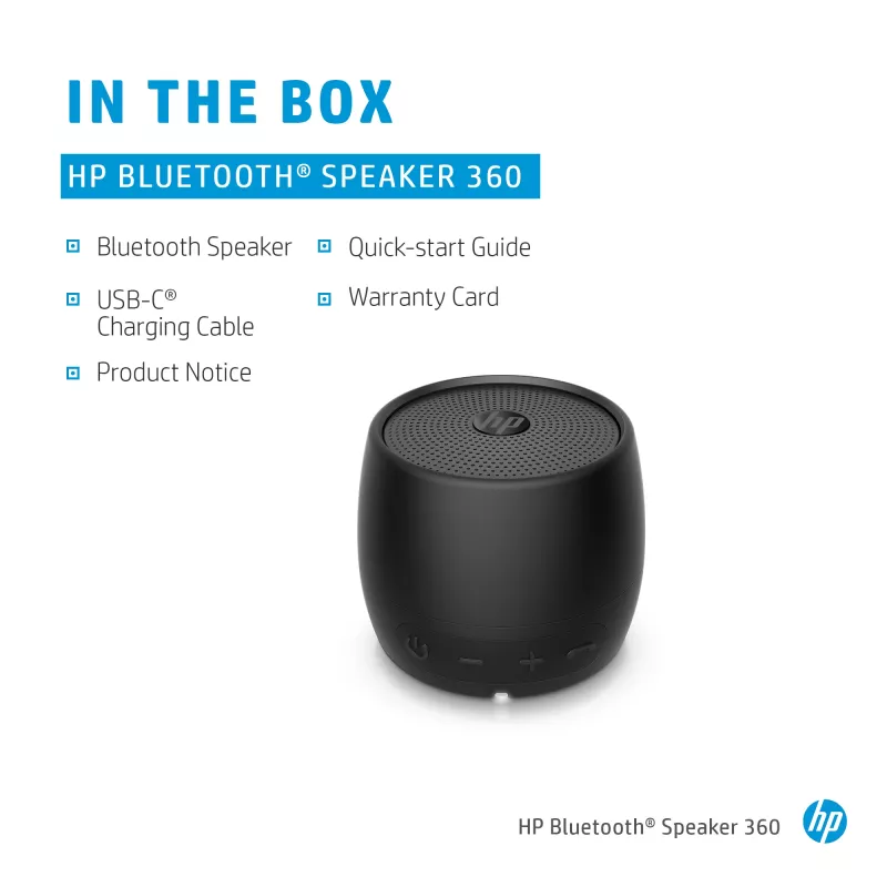 HP Czarny Głośnik Bluetooth 360, Przewodowy i Bezprzewodowy, Mono głośnik przenośny, Czarny, Cylinder, Przyciski, Uniwersalny