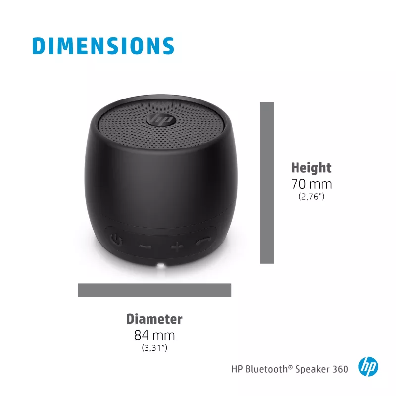 HP Czarny Głośnik Bluetooth 360, Przewodowy i Bezprzewodowy, Mono głośnik przenośny, Czarny, Cylinder, Przyciski, Uniwersalny